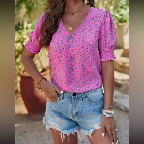 Boho floral print puff sleeve blouse